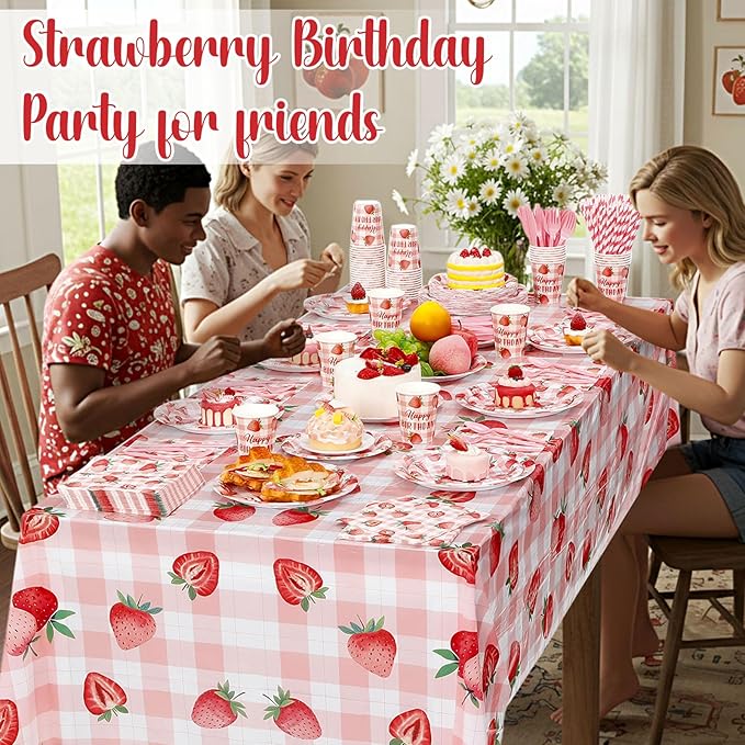 452 Pcs Strawberry Birthday Party Decorations for 50, Strawberry Paper Plates Napkins Cups Tablecloth Cutlery Straws for Berry First Birthday Themed Baby Shower Party Supplies