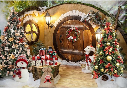 Baocicco 10x6.5ft Merry Christmas Photography Backdrops Winter Holiday Xmas Trees Gifts Snowman Wooden Barn Door Background Festival Celebration Backdrop Banner Supplies New Year Eve Party Decorations