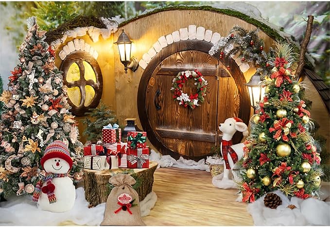 Baocicco 20x10ft Merry Christmas Photography Backdrops Winter Holiday Xmas Trees Gifts Snowman Wooden Barn Door Background Festival Celebration Backdrop Banner Supplies New Year Eve Party Decorations