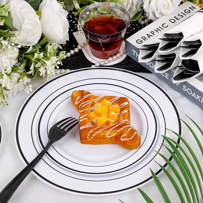 WELLIFE 210Pcs Black Plastic Dinnerware with Pre Rolled Napkins, Include:30 Dinner Plates, 30 Dessert Plates, 30 Paper Napkins, 30 Cups, 90 Plastic Cutlery