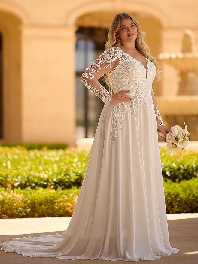 Plus Size Wedding Dresses for Bride Long Sleeve Wedding Bridal Gowns with Lace Appliques Off Shoulder Bride Dress