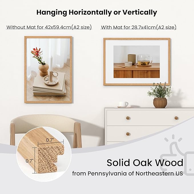 Axeman A2 Picture frame, Solid Oak Wood 16.5 x 23.5 inch Poster Frames with Mat 11.7 x 16.5 for Photo, A2 Size Frames Matted to A3 Print, 16.5 by 23.4 Hanging Frames, Tempered Glass, Oak