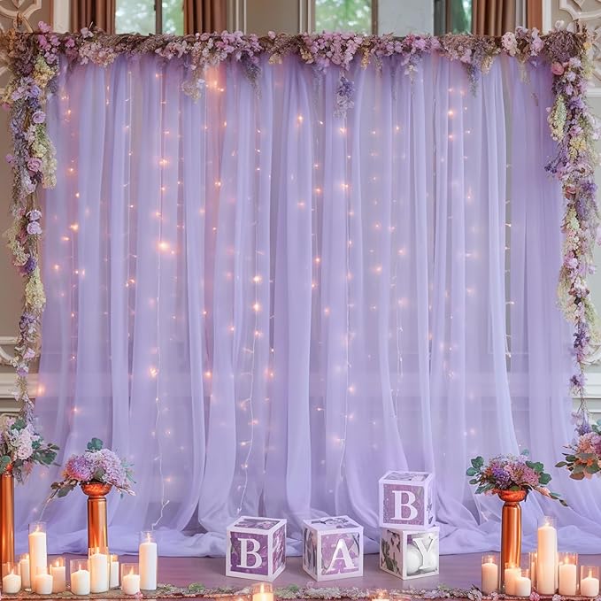 30x8ft Purple Tulle Backdrop Curtain with Lights String for Parites, Sheer Photo Backdrop Curtains with Lights for Wedding Backdrop Ceremony Reception Bridal Shower Baby Shower Birthday Party