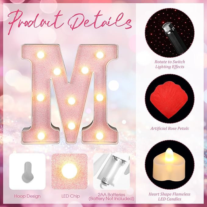 Hortsun Marry Me Light up Letters Proposal Decorations Will You Marry Me Sign Rose Petals 24 LED Candles Romantic Night Light for Proposal Engagement Wedding Anniversary Valentine's Day(Pink)