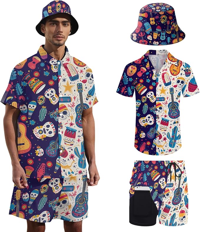 Men's Hawaiian Shirt and Shorts Set 2 Piece Beach Outfits with Bucket Hats for Beach Days and Summer Vibes