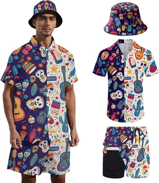 Men's Hawaiian Shirt and Shorts Set 2 Piece Beach Outfits with Bucket Hats for Beach Days and Summer Vibes