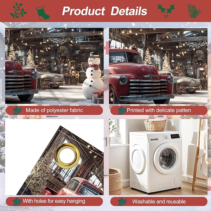 Christmas Garage Door Banner 7x16FT, Vintage Red Truck and Snowman Garage Cover, Outdoor Xmas Decorations for Garage Doors Driveways Holiday Parties
