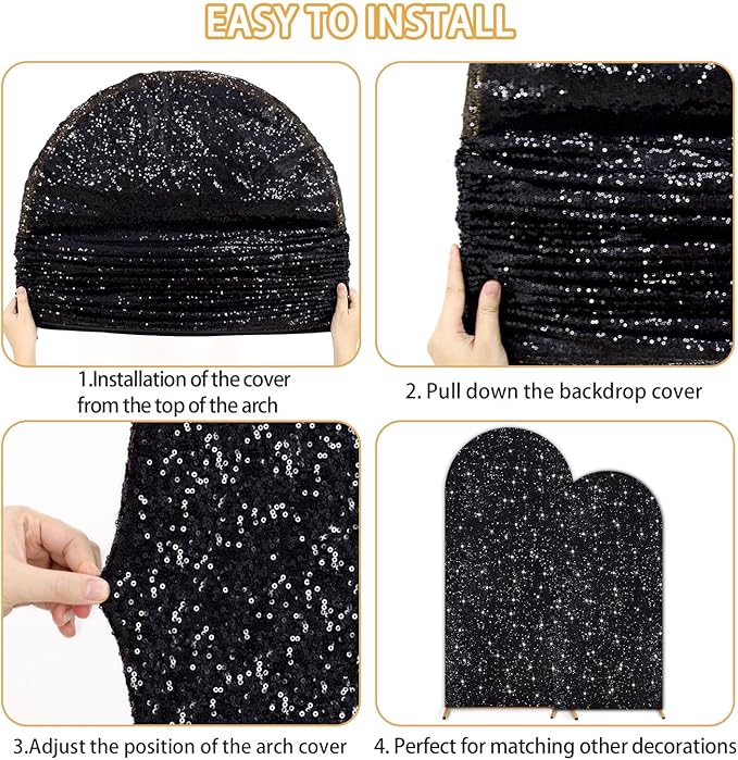 Arch Backdrop Cover Set of 2 Wedding Arch Covers 7.2FT and 6FT Black Spandex Sequin Arched Covers Stretchy Backdrops Balloon Chiara Backdrop Stand Cover for Birthday Party Bridal Baby Shower Decor