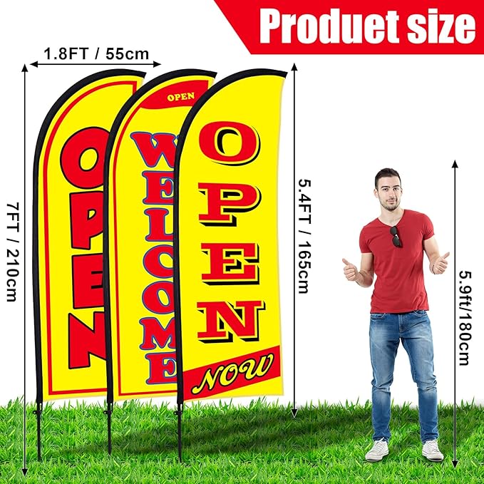 Buryeah 3 Sets Now Open Feather Flag Banner for Business Advertising 7 Feet Tall Grand Opening Feather Flag Sign with Fiberglass Pole Kit Rotating Ground Spike and Portable Bag (Yellow)