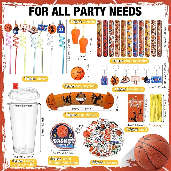Party Favors Set with Cup Straw Cup Sleeve Bouncy Ball Mini Pinball Machine Keychain Sticker Clap Bracelet Tag for Sport Reward Birthday Gift Party Supplies(195 Pcs,Basketball)