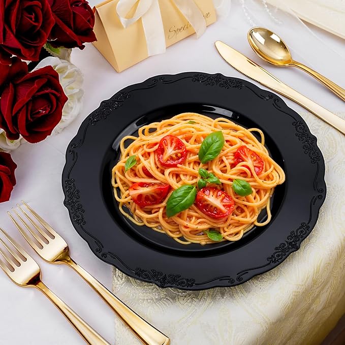 DaYammi 36PCS Black Plastic Plates, Heavy Duty Black Disposable Plates Premium 10inch Dinner Plates Hard Plastic Plates Disposable for Party and Wedding