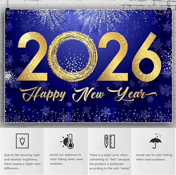 YongFoto 2026 Happy New Year Backdrop 12x10ft Fireworks Snowflakes Photography Background Christmas Night Festival Carnival Celebration Party Banquet Decor Banner Photoshoot Wallpaper Photo Booth