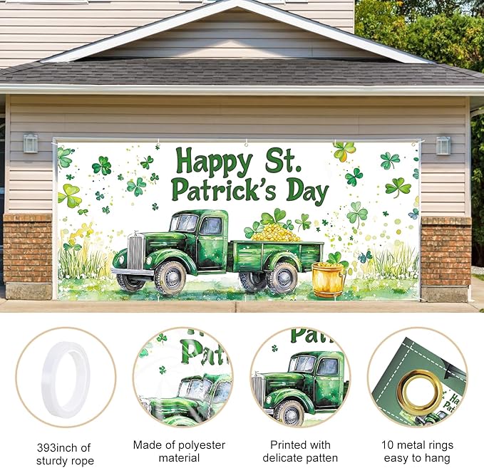 St. Patrick’s Day Garage Door Banner 7x16FT, Green Truck & Shamrocks Garage Door Cover, Festive Outdoor Decoration for St. Patrick’s Day Parties and Yard