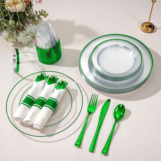 SUT 350 Pcs Green and Clear Plastic Dinnerware Set for 50 Guests, Include: 50 Dinner Plates, 50 Dessert Plates, 50 Pre Rolled Napkins With Silverware, 50 Cups, Disposable Plates for Party