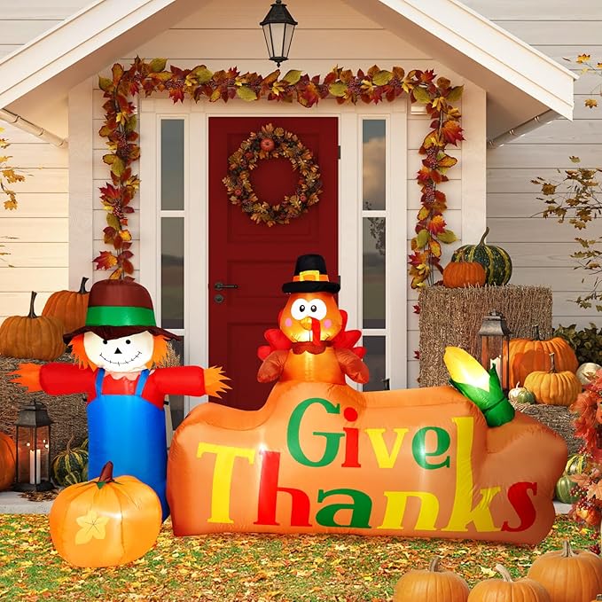 CAMULAND 8Ft Autumn Outdoor Built-in LED Inflatable Scarecrow and Turkey – Thanksgiving Inflatable Decorations Great for Home, Yard, Lawn – Warm Blow Up Décor for Fall Harvest Party