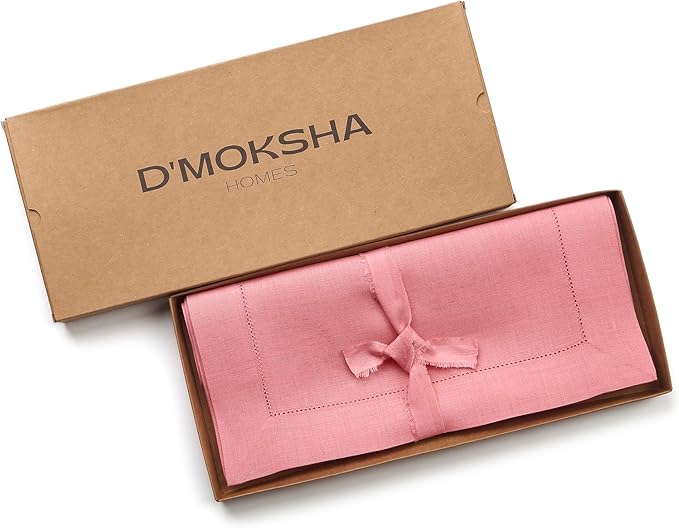 D'Moksha Homes Linen Dusty Pink Table Runner 120 Inches Long - 100% Pure Linen Hemstitch 14 x 120 Inch Table Runner for Dining, Valentines, Spring, Easter - Classic Hemstitch