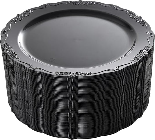 DaYammi 60PCS Black Plastic Plates, Heavy Duty Black Disposable Plates Premium 7.5 inch Dessert Cake Salad Appetizer Plate Hard Plastic Plate Disposable for Party Wedding