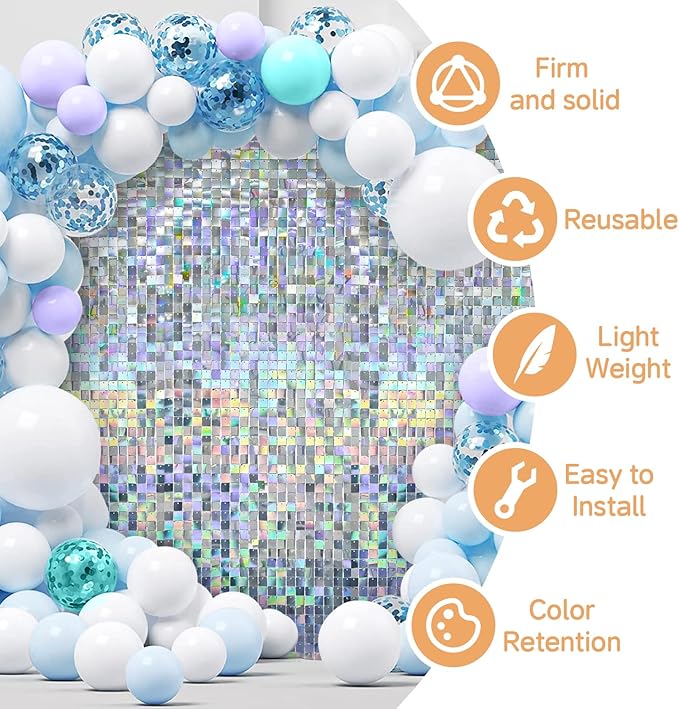 4 FT x 6 FT Iridescent Silver Shimmer Wall Backdrop,Shiny Sequins,24PCS Sequins Backdrop Decoration Panels,Photo Background Decorations for Birthday Party Wedding Anniversary Graduation Baby Shower
