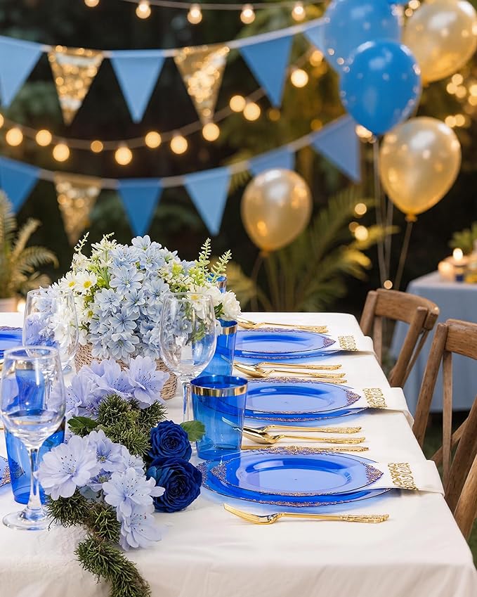Nervure 350PCS CLear Blue Plastic Plates - Blue Gold Plastic Dinnerware Sets for 50 Guests - 100 Disposable Plates, 150 Silverware, 50 Cups, 50 Napkins for Wedding & Party