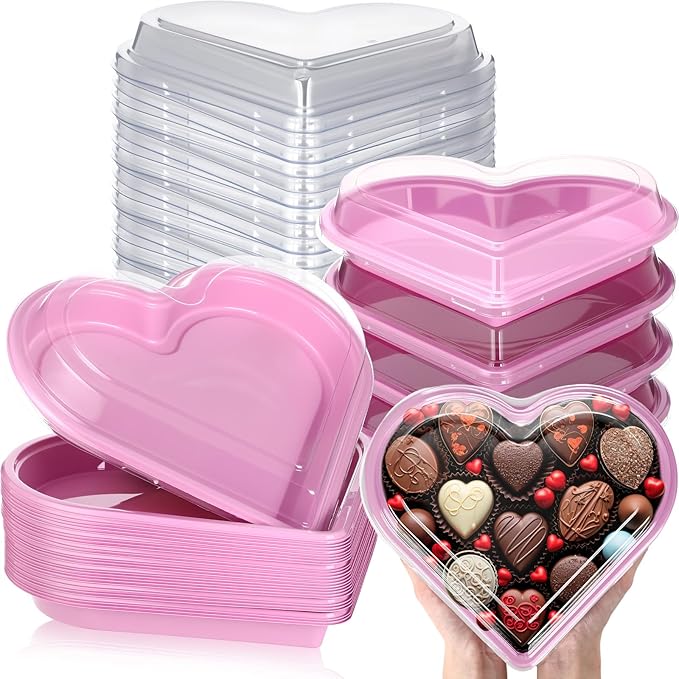 Macarrie 25 Pcs Valentine's Heart Shaped Serving Tray Platter 20 oz Heart Plates with Clear Lids Dessert Plates Snack Tray for Valentine Birthday Party Table Decoration (Pink)