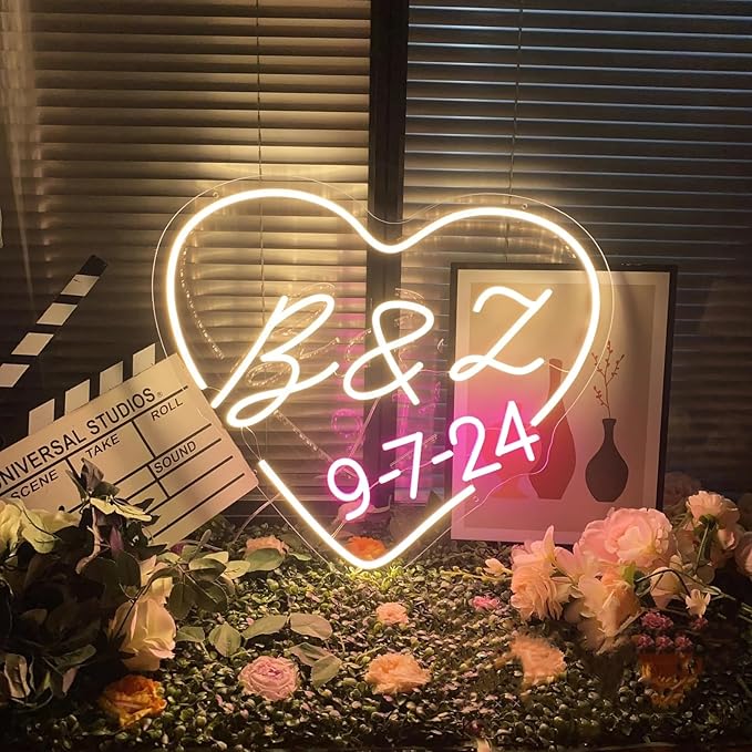 Custom Initials Name With Date Neon Sign Wedding Heart LED Neon Light Customizable Wedding Engagement Party Backdrop Wall Decor Personalized Gifts