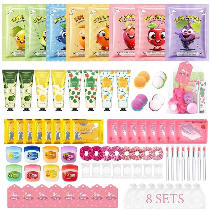 88PCS Spa Party Supplies for Girls, Spa Party Favors Include Face Masks, Under Eye Patches, Lip Masks, Lip Balm, Hand Cream, Foot Bath Bombs, Compressed Towels, Bulk Spa Sleepover Slumber Party Kit