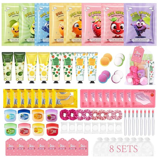 88PCS Spa Party Supplies for Girls, Spa Party Favors Include Face Masks, Under Eye Patches, Lip Masks, Lip Balm, Hand Cream, Foot Bath Bombs, Compressed Towels, Bulk Spa Sleepover Slumber Party Kit