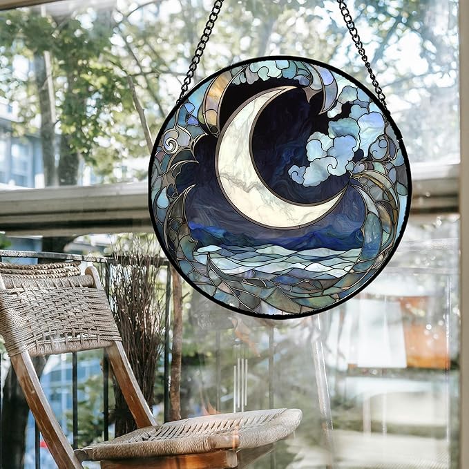 Stained Glass Window Hanging - Abstract Sea of Clouds Moon Sun Catcher for Door Terrace Garden Home Decor, Gray Blue Suncatcher Birthday Gifts for Lovers Women Men Dad Mom Nana 15 in