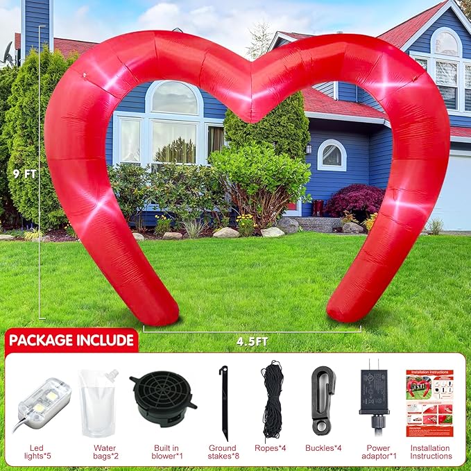 9 * 4.5FT Red Valentine Inflatables Outdoor Decorations Heart Shaped Blow up Inflatable Archway with Build in LED for Indoor Outdoor Party Lawn Yard Garden Anniversary Wedding Decor