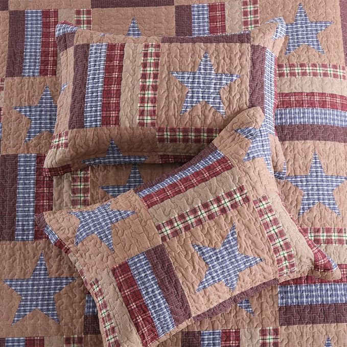 Cotton Bedding Quilt Sets Reversible Patchwork Coverlet Sets All Season Brown Bedspread, Mediterranean Star Pattern, Queen Size