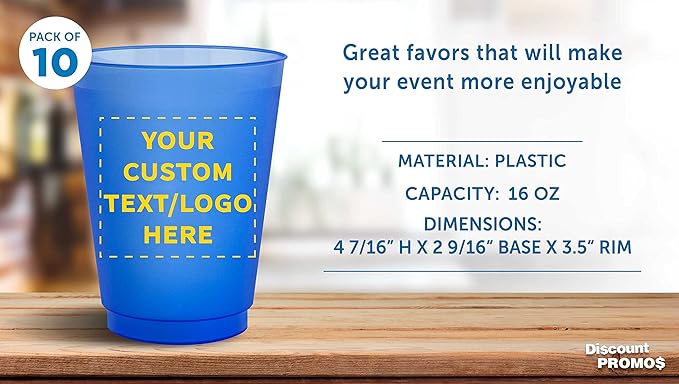 DISCOUNT PROMOS Custom Frosted Plastic Stadium Cups, 10 pack, Promotional Text, Logo, 16 oz. Shatterproof Flexible Reusable Party Cups, Blue