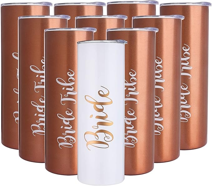 10 Pack Bride to Be Skinny Tumbler | 20 oz Bride Tribe Stainless Steel Wine Tumblers | Engagement Wedding Gifts Bridesmaids Mugs Bachelorette Party Supplies & Games
