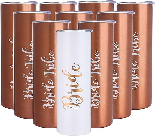 10 Pack Bride to Be Skinny Tumbler | 20 oz Bride Tribe Stainless Steel Wine Tumblers | Engagement Wedding Gifts Bridesmaids Mugs Bachelorette Party Supplies & Games