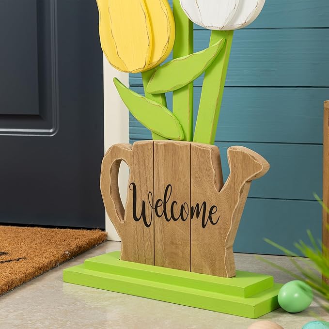 Glitzhome 30"H Easter Wooden Tulip Porch Decor,Standing Decorative Signs for Front Porch Farmhouse Outdoor Spring Easter Party Decor