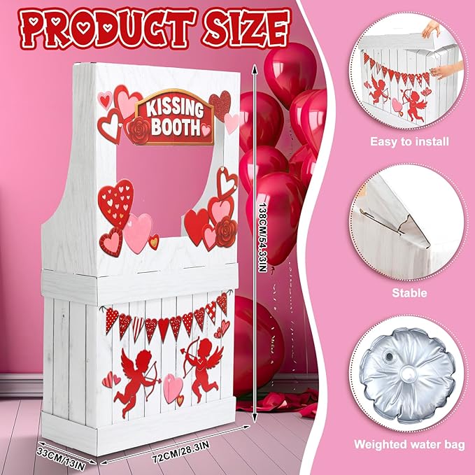 Valentine's Kissing Booth 54 x 28 in Valentines Photo Prop Kissing Booth Stand Cardboard Cutout Decorative Sign for Carnival Romantic Wedding Party Outdoor Decorations(Cupid)