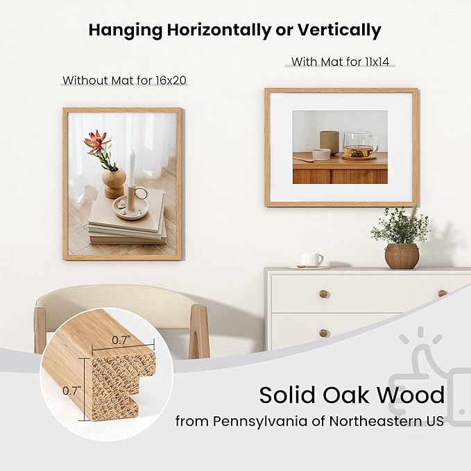 Axeman 16x20 Picture Frame with Mat for 11x14,Solid Oak Wood Poster Frame with Tempered Glass for Home Decor, Wooden 16x20inch Photo Frame for Art Photo and Prints, Wall Hook Included, Walnut 3 PCs