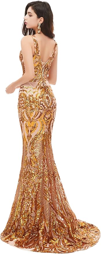 Women's Double V-Neck Sequins Lace-up Mermaid Evening Dress