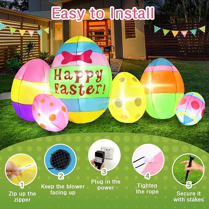Gardentime 6 FT Long Easter Eggs Inflatable Decorations Outdoor Indoor Blow Up Colorful Easter Eggs Holiday Party Decor for Yard, Lawn, Garden, Patio