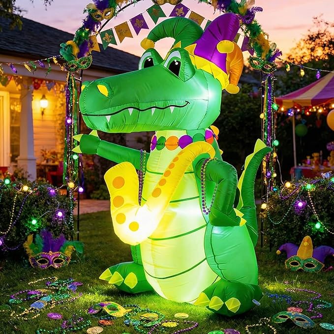 VIHOSE 5.5 FT Mardi Gras Inflatable Decoration Large Blow Up Alligator with Saxophone Necklace and Jester Hat Built in LED Lights for Mardi Gras Yard Garden Outdoor Decoration