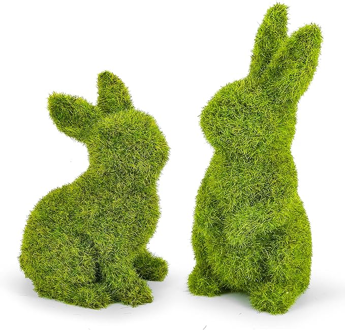 Easter Bunny Decorations,Resin Moss Bunny Figurine,Garden Artificial Moss Rabbit Easter Décor Easter Party Favors Gifts(Medium-2pcs)