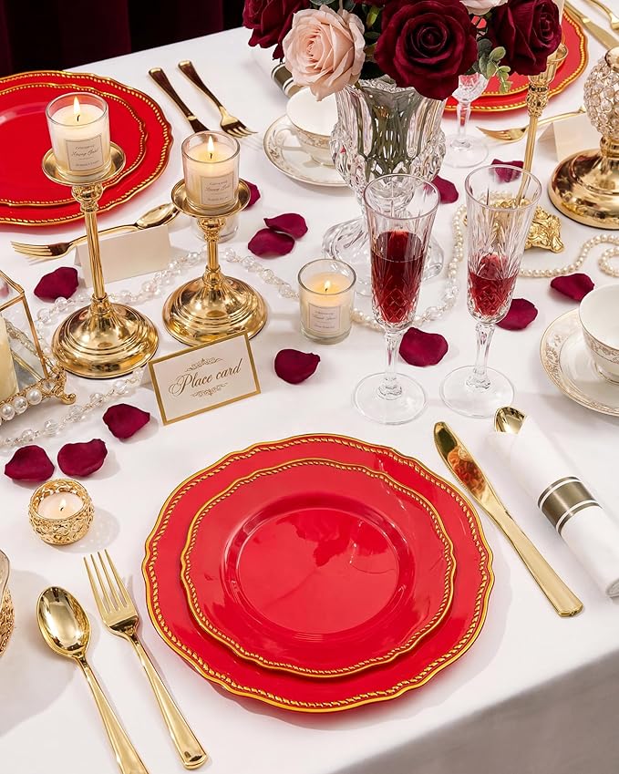 Hioasis 350pcs Red Gold Plastic Plates - Red Plastic Dinnerware Set Includes 50 Dinner Plates, 50 Dessert Dinnerware, 50 Cups, 50 Pre-rolled Napkins Perfect for Wedding & Party