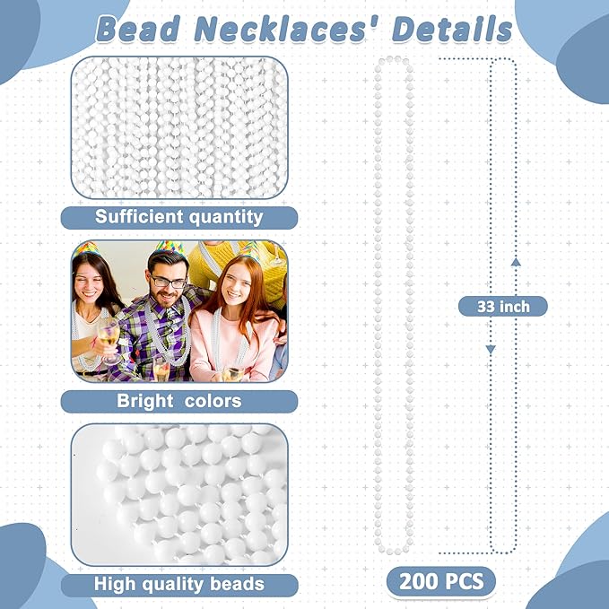 200 PCS Beaded Necklace, 33" Mardi Gras Beads, White Bead Necklace Bulk, Mardi Gras Party Costume Accessories Parade Throws Beads Bulk for Wedding Pirate Party Favors Supplies Decor