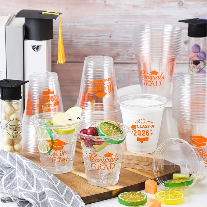 Eaasty 100 Pcs 12oz Graduation Cups 2026 Disposable Plastic Cups for Class of 2026 Graduation Party Congrats Grad Elegant Party Supplies Tableware Decorations (Orange)