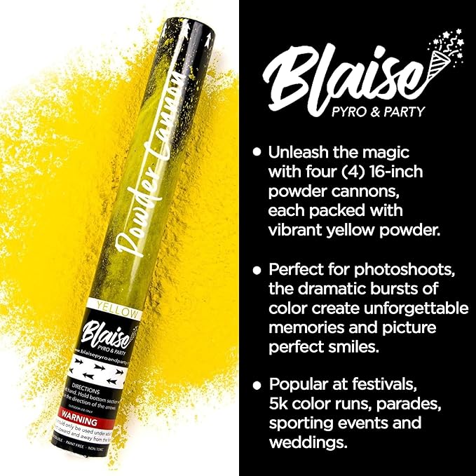 Blaise Pyro & Party - Yellow Powder Poppers - Water-Soluble & Colorful Powder Cannons for Gender Reveals, Birthdays, Weddings & Celebrations - Easy to Use for Memorable Photos - 16-Inch, 4-Pack