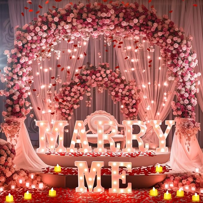Hortsun Marry Me Light up Letters Proposal Decorations Will You Marry Me Sign Rose Petals 24 LED Candles Romantic Night Light for Proposal Engagement Wedding Anniversary Valentine's Day(Pink)