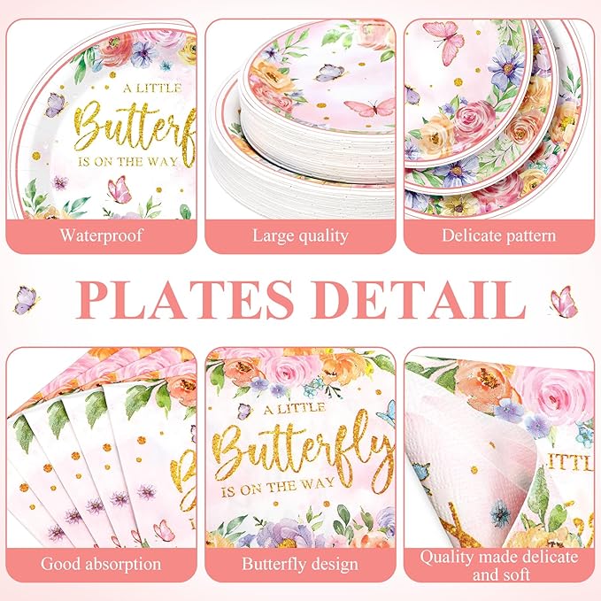 452 Pcs Floral Butterfly Baby Shower Decorations, a Little Butterfly Is on the Way Paper Plates Napkins Cups Tablecloth Cutlery Straws for Summer Floral Baby Shower Party Supplies