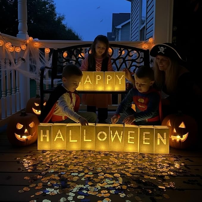 Happy Halloween Light Up Letters Luminary Bags with spooky Confetti & 30 Tea Lights Candles - Ideal Halloween Decorations Indoor & Outdoor For Parties, Entertainment, Gift & Festivals