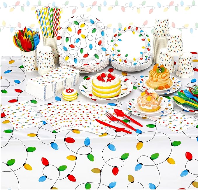 452 Pcs Christmas Party Decorations for 50 Guests, Colorful Christmas Lights Paper Plates Napkins Cups Tablecloth Cutlery Straws Disposable Tableware Set for Xmas Holiday Party Supplies