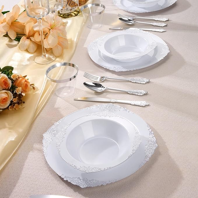 100 Pack White Plastic Bowls with Silver Relief Rim, 12oz Plastic Salad Bowl, Disposable Bowls for Party, Dinners, Weddings, Christmas, Thanksgiving, Valentine's Day