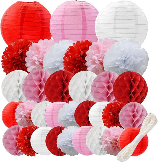 WOLHOWLTD Red Pink Paper Decoration Set - 33 Pcs Paper Lanterns, Pompoms, Honeycomb for Love Wedding,Valentine's,School Day,Bridal Shower,Birthday Party,Home Garden Decoration(red Pink White)
